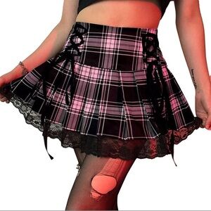 Plaid Mini Skirt with Lace Trim